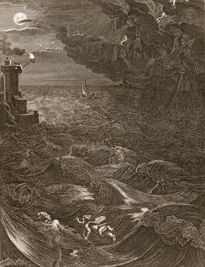 Leander schwimmt über den Hellespont, um seine Geliebte Hero zu treffen, 1730 von Bernard Picart