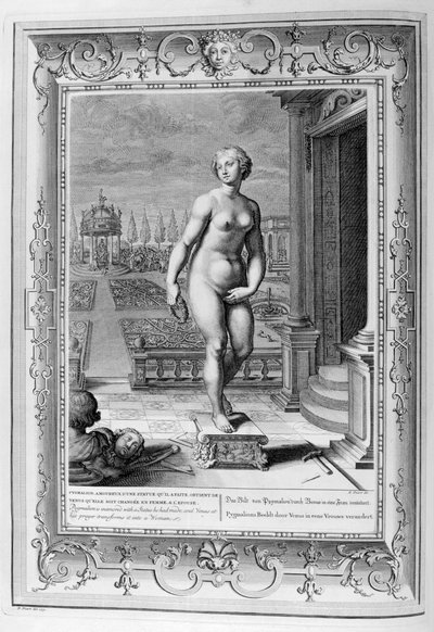Pygmalion ist verliebt in eine Statue, die er gemacht hat, 1733 von Bernard Picart