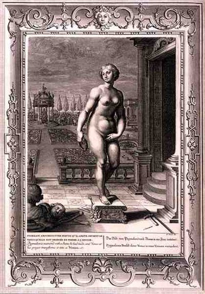 Pygmalion ist in eine Statue verliebt, die er gemacht hat, und auf sein Gebet hin verwandelt Venus sie in eine Frau von Bernard Picart