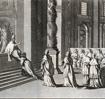 Feierliche Inauguration des Pontifikats (Papstverehrung am großen Altar von St. Peter, Vatikan) Gravur aus Illustration religiöser Zeremonien und Bräuche von Bernard Picart