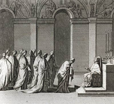 Feierliche Inauguration des Pontifikats: „Die Anbetung des Papstes in der Sixtinischen Kapelle“ (Päpstliche Inauguration: Verehrung des Papstes in der Sixtinischen Kapelle) Gravur aus „Illustration religiöser Zeremonien und Bräuche aller Völker der Welt“ von Bernard Picart