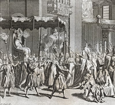 Feierliche Inauguration des Pontifikats: das Verbrennen eines Tuchs) Gravur aus „Illustration de cérémonies et coutumes religieuses de tous les peuples du monde“ von Bernard Picart (1723-1743) 1819 Privatsammlung von Bernard Picart