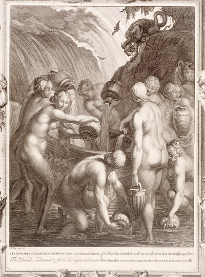 Die Danaiden, verurteilt, durchlöcherte Gefäße mit Wasser zu füllen, 1730 von Bernard Picart
