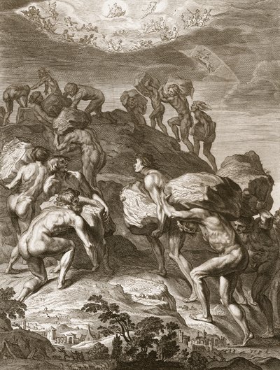 Die Riesen versuchen, den Himmel zu erklimmen, indem sie Berge aufeinander stapeln, 1731 von Bernard Picart