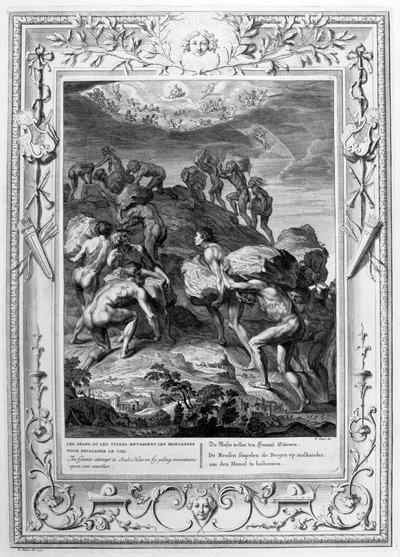 Der Versuch der Riesen, den Himmel zu erklimmen, indem sie Berge aufeinander stapeln, 1733 von Bernard Picart