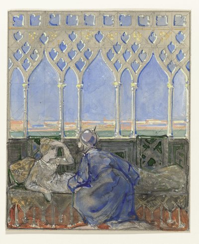Frau auf Ruhebank und Mann kniend neben ihr von Bernard Willem Wierink