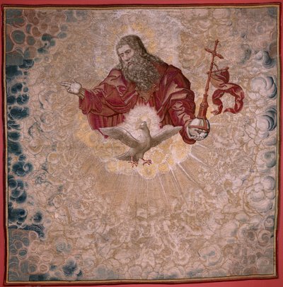 Flämischer Wandteppich. Serie Baldachin von Karl V. (Baldachin von Margarete von Österreich). Gott der Vater und der Heilige Geist. Baldachin des Baldachins. Modell Bernard van Orley (1491-1542). Herstellung Pieter de Pannemaker. von Bernard van Orley
