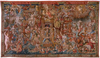 Flämische Tapisserie. Serie Die Ehren. Fortuna, Der Weg zu den Ehren. Fünfter Wandteppich in der Serie. Modell Zeichner aus dem Kreis von Bernard van Orley und Jan Gossaert de Mabuse. Herstellung Pieter van Aelst, Brüssel. von Bernard van Orley