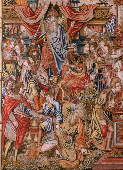 Flämischer Wandteppich. Serie Die Ehren; Adel (La Nobleza). Vierter Wandteppich in der Serie. Modell Zeichner aus dem Kreis von Bernard van Orley und Jan Gossaert (Mabuse). Herstellung Pieter van Aelst, Brüssel. Ca 1550. Stoff Gold, Silber, Seide und Wolle von Bernard van Orley