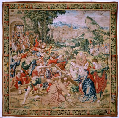 Flämischer Wandteppich. Serie Die Passion Christi. Fall auf dem Weg nach Golgatha (Caída en el camino del Calvario). Zweiter Wandteppich in der Serie. Modelle Zeichner Bernard van Orley. Herstellung Pieter de Pannemaker, Brüssel. Ca 1518-1523. Stoff Gold,  von Bernard van Orley