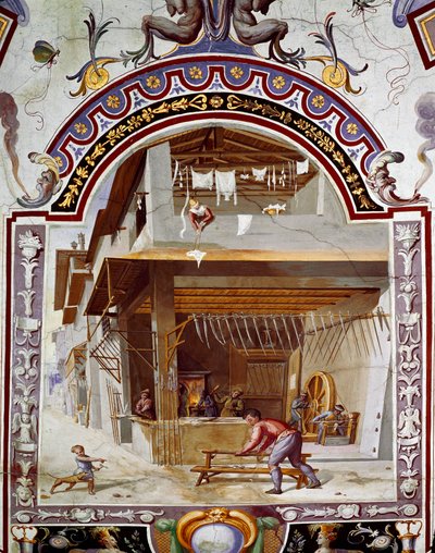 Darstellung der Werkstatt eines Waffenschmieds (Fresko von Bernardino Barbatelli) von Bernardino Barbatelli Poccetti