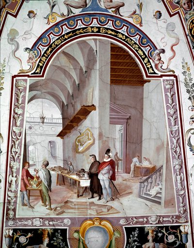 Ansicht einer Architektenwerkstatt. Fresko von Bernardino Barbatelli genannt il Poccetti (1548-1612) 17. Jahrhundert. Galleria degli Uffizi, Florenz von Bernardino Barbatelli Poccetti
