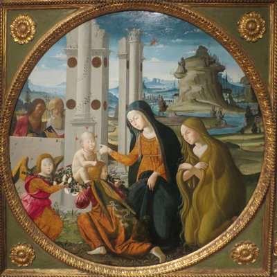 Madonna mit Kind, Heiligen und Engeln von Bernardino Fungai