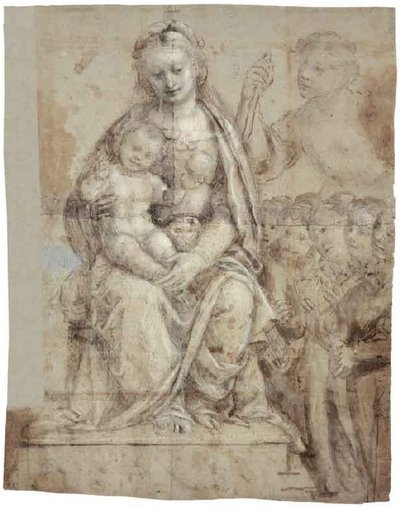 Madonna mit Kind, ein Kriegerheiliger (Michael?) und eine Gruppe von Anbetern von Bernardino Lanino