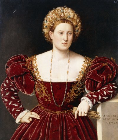 Porträt einer Dame, dreiviertellang, in einem burgunderroten Kleid mit geschlitzten Ärmeln, Handschuhe haltend von Bernardino Licinio