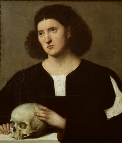 Porträt eines jungen Mannes mit einem Schädel von Bernardino Licinio