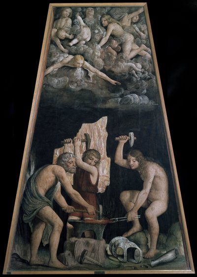 Göttliche Waffen geschmiedet in der Schmiede des Vulkans vor einigen Engeln, Detail von Bernardino Luini