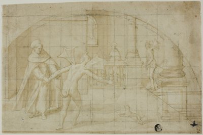 Entwurf für ein Lunette: Teufel und Heiliger in einem Kloster von Bernardino Poccetti