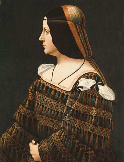 Porträt einer Dame, Halbfigur, im Profil, in einem schwarzen Kleid mit Spitze verziert, mit Quasten und geschlitzten Schultern und einem orange-grauen Haarnetz von Bernardino de Conti