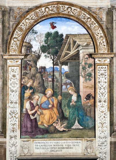 Anbetung der Hirten Fresko von Pinturicchio (Bernardino di Betto) (1454-1513) 1484-1492 Basilika Santa Maria del Popolo, Cappella Basso della Rovere, Rom, Italien von Bernardino di Betto Pinturicchio
