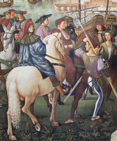Enea Silvio Piccolomini auf dem Weg nach Basel als Sekretär des Bischofs von Ferrara, Detail aus den Geschichten von Pius II von Bernardino di Betto Pinturicchio