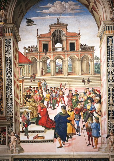 Italien, Siena, Kathedrale, Piccolomini-Bibliothek, Enea Silvio Piccolomini wird von Kaiser Friedrich III. zum Dichter gekrönt (Detail) von Bernardino di Betto Pinturicchio