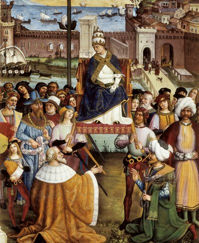 Papst Pius II. segnet die Flotten vor der Abreise nach Ancona ins Heilige Land am 15. August 1464 (Detail) von Bernardino di Betto Pinturicchio