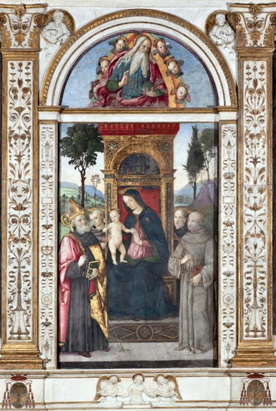 Jungfrau mit Kind und St. Augustinus, St. Franziskus und St. Antonius von Padua - Fresko von Pinturicchio (Bernardino di Betto) (1454-1513) 1484-1492 Rom, Basilika Santa Maria del Popolo, Cappella Basso della Rovere, Italien von Bernardino di Betto Pinturicchio