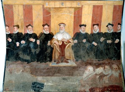 Der Doge von Genua Giacomo Durazzo Grimaldi (ca. 1503-1579) umgeben von Senatoren. Fresko von Bernardo Castello (1557-1629) 16. Jahrhundert Genua, Museo di Sant 