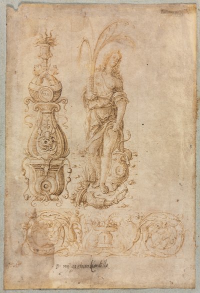 Entwurf für einen Kandelaber, allegorische Figur der Fülle, Ornamentrelief-Design von Bernardo Parentino