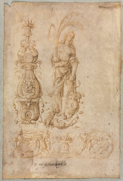 Entwurf für einen Kandelaber, Allegorische Figur des Überflusses, Ornamentaler Reliefentwurf, ca. 1490er Jahre von Bernardo Parentino