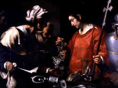 Der heilige Laurentius verteilt seinen Reichtum an die Armen von Bernardo Strozzi