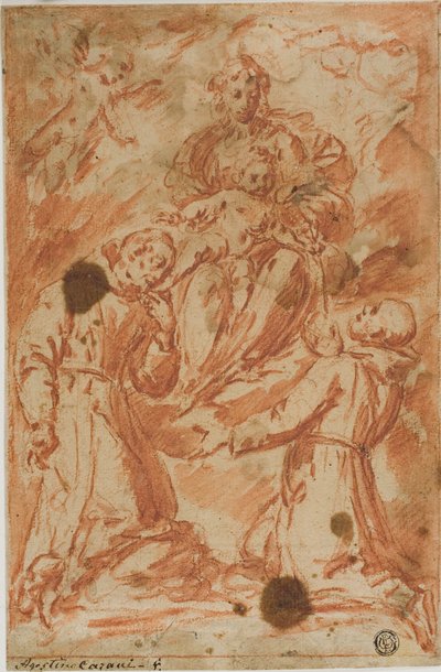 Jungfrau und Kind in Herrlichkeit, verehrt von zwei Mönchsheiligen von Bernardo Strozzi