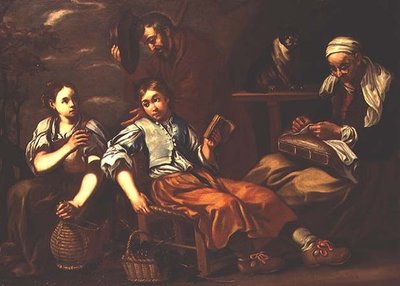 Eine alte Frau beim Sticken, ein Junge beim Lesen und ein Mädchen, das einem alten Mann draußen vor einem Häuschen ein Getränk anbietet von Bernardt Keil or Keyl