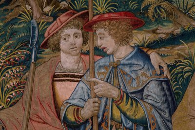 Serie Die Gründung Roms: Faustulus trifft Romulus und Remus. Zeichner Barend van Orley (?). Herstellung Brüssel. 1525-1530. (Detail) von Bernart van (attr. to) Orley