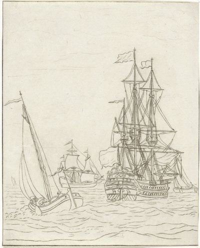 Kriegsschiff und drei Segelschiffe auf hoher See von Bernhard Schreuder