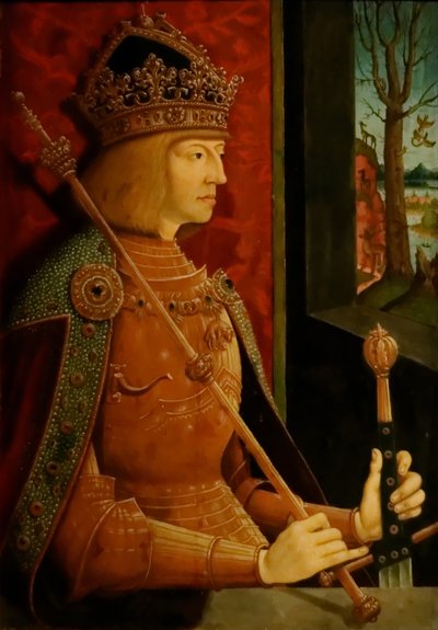 Kaiser Maximilian I. 1459-1519, mit Krone, Zepter und Schwert, um 1500 von Bernhard Strigel