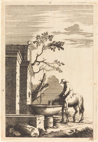 Pferd und Reiter an einem Brunnen von Bernhard Zaech after Jonas Umbach