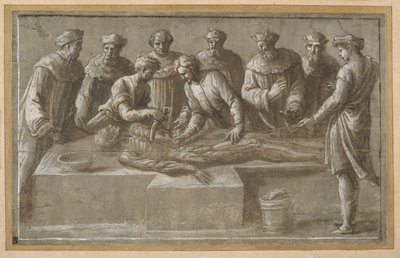 Sechs Anatomiaprofessoren, die eine gehäutete männliche Leiche sezieren (Feder & braune Tinte mit brauner Waschung und Aufhellung) von Biagio Pupini