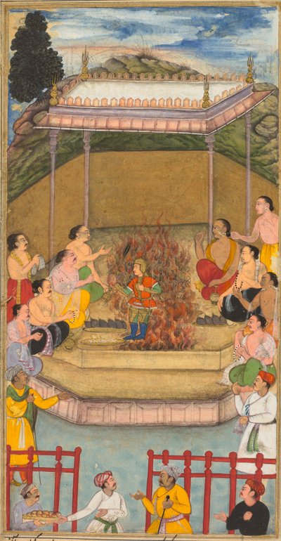 Yaja und Upayaja führen ein Opfer für das Erscheinen von Dhrishtadyumna aus dem Feuer durch..., 1598 von Bilal Habshi