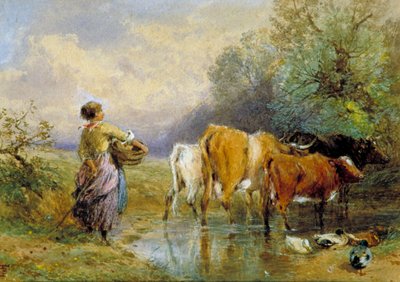 Ein Mädchen treibt Vieh durch einen Bach von Birket Foster