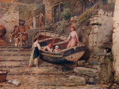 Ansicht von Clovelly mit gestrandeten Boot und Figuren, 1882, 1935 von Birket Foster