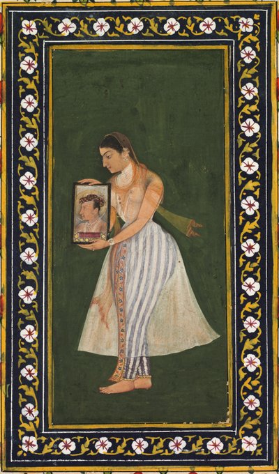 Nur Jahan, ein Porträt von Kaiser Jahangir haltend, ca. 1627 von Bishandas