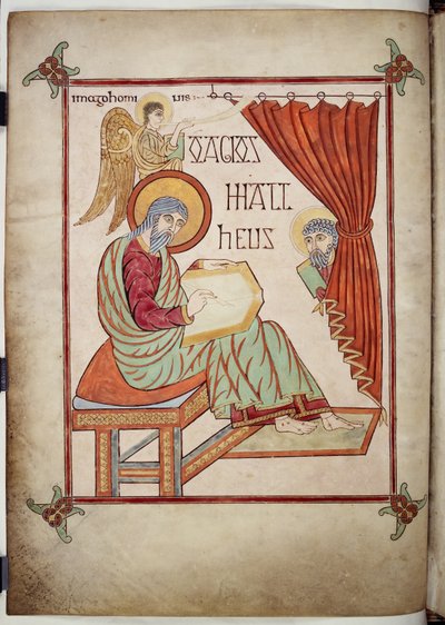 St. Matthäus, schreibend, mit seinem Symbol, aus den Lindisfarne Evangelien, 710-721 von Bishop of Lindisfarne Eadfrith