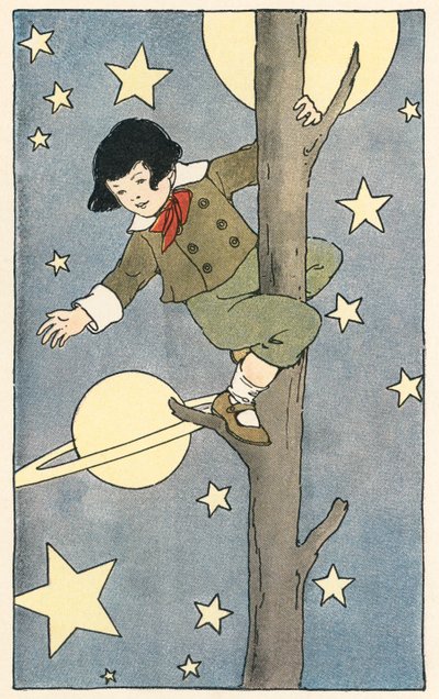 Junge klettert auf einen Baum zwischen Sternen und Planeten von Blanche Fisher Wright