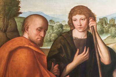 Anbetung der Hirten: Madonna mit Jesuskind und zwei Hirten (Detail) von Boccaccio Boccaccino