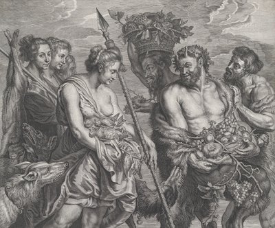 Diana kehrt von der Jagd zurück, begleitet von Hunden und ihren Nymphen links, zwei Sat..., ca. 1640-59 von Boetius Adams Bolswert