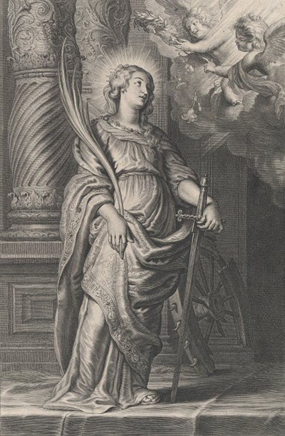 Heilige Katharina mit Palmzweigen und Schwert, zwei Putti darüber mit einem Lorbeer... von Boetius Adams Bolswert
