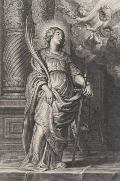 Heilige Katharina mit Palmblättern und Schwert, zwei Putti darüber mit einem Lorbeerkranz, ca. 1625-59 von Boetius Adams Bolswert