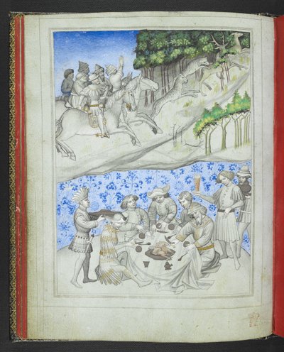 Add 24189, f.5v, Erholung auf Zypern mit, oben, einer Hirschjagd mit Leoparden und, unten, einem Fest, aus dem 